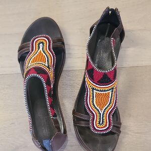 PIKOLINOS Brown Sandals with Red, Yellow & Black Beadwork
